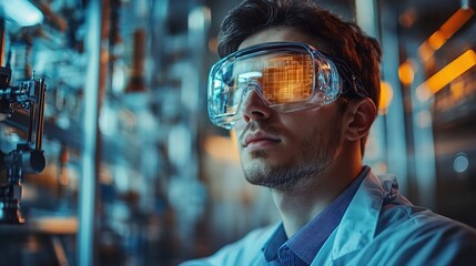 A scientist in an augmented reality lab designing a next-generation energy source