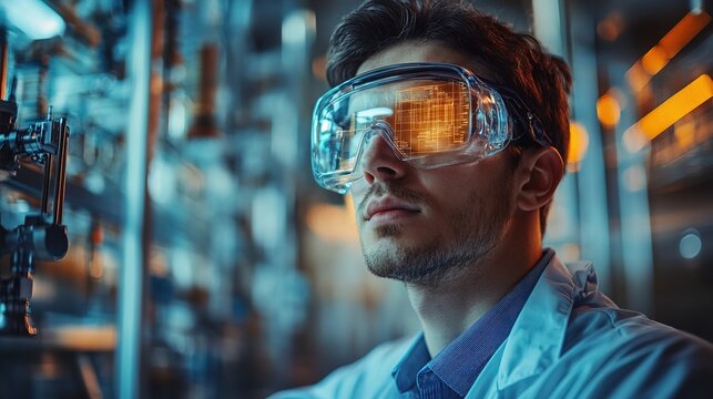 A scientist in an augmented reality lab designing a next-generation energy source