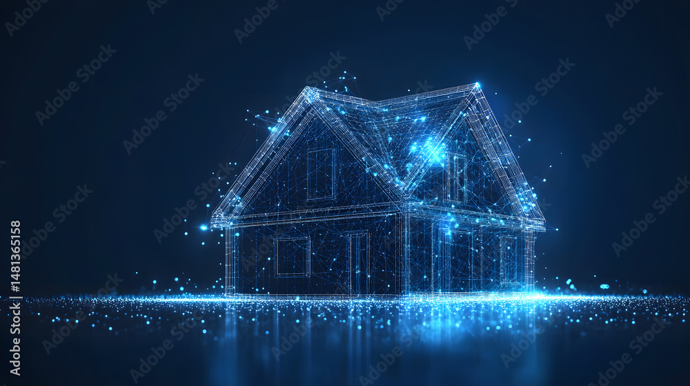 Leinwandbilder futuristic smart home concept with glowing blue wireframe design. a modern architectural marvel repr