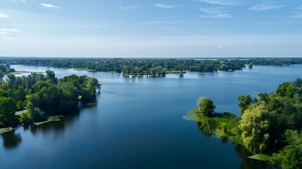 Fototapeta premium Aerial View Of A Wide River Flowing Through Lush Green Islands Under A Bright Blue Sky