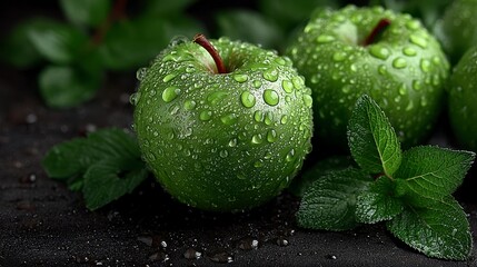 Juicy Green Apples with Mint Leaves and Water Droplets