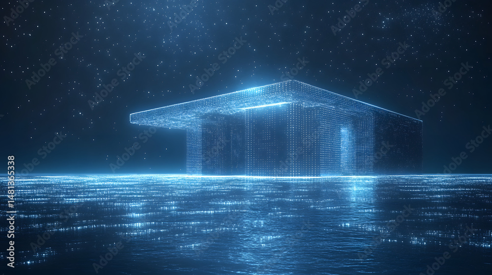 Aufkleber futuristic glowing cube amidst a starry expanse mirrored on water. dreamlike atmosphere. perfect for