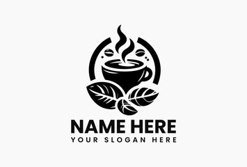 Black and white coffee cup vector logo with steam, beans and decorative leaves. Hot drink concept  