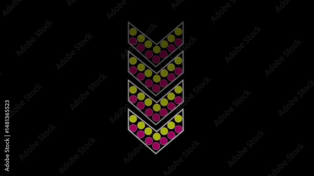 Poster directional arrow using for navigate. dynamic animated arrow of colorful dots on black background de