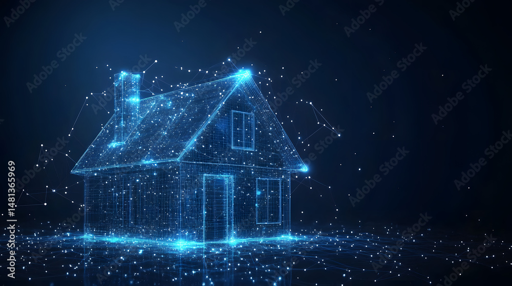 Aufkleber digital house blueprint glowing in the dark. architectural design represented by blue wireframe. con