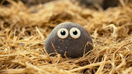 Stone with eyes in hay