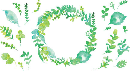 水彩画。水彩タッチの草木のベクターイラスト。水彩画の緑の葉っぱ素材。環境。エコ。Watercolor painting. Vector illustration of grass and trees with watercolor touch. Watercolor green leaves material. Environment. Eco. © necomammma