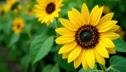 Obraz premium Close-up sunflower, garden setting, lush leaves, visual, garden, vibrant