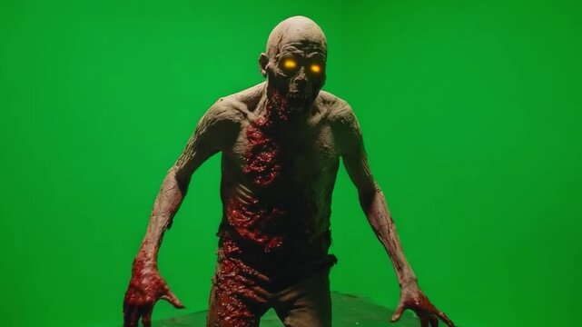 Horror creature in green screen: A terrifying zombie creature with glowing eyes, standing ominously against a vibrant green screen, creating a perfect image for horror and sci-fi projects.