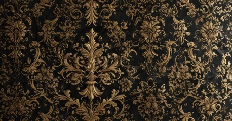 Intricate black & gold damask pattern, metallic sheen,  swirls,  invitation