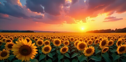 Obraz premium Vast sunflower field ablaze with sunset hues, a captivating scene , botanical, scenic view