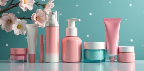Various skincare & makeup items aligned; sleek design , aligned, row, product photography