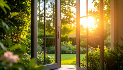 Naklejka premium A glass door opening into a bright garden, with sunlight pouring in, illuminating the lush greenery outside. The air feels fresh and rejuvenating, offering a sense of tranquility