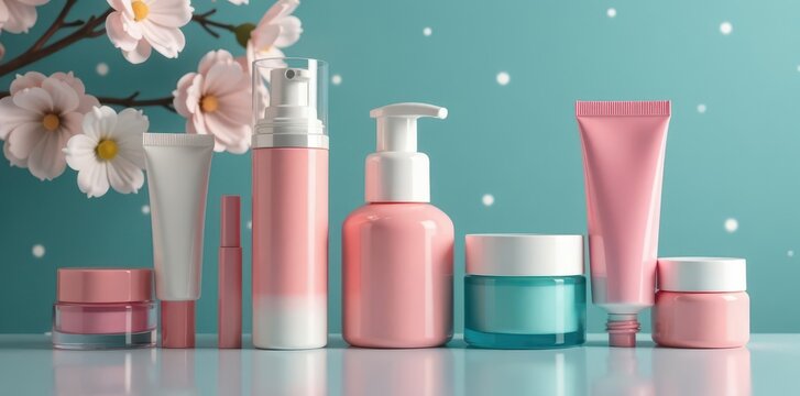 Various skincare & makeup items aligned; sleek design , aligned, row, product photography