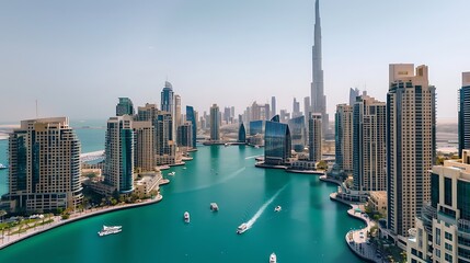 Obraz premium Aerial View Of Modern Cityscape With Buildings And Turquoise Water On A Sunny Day