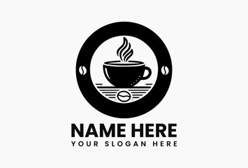 Minimalist black and white vector illustration of steaming coffee cup with beans and leaves. Beverage logo concept  