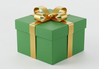 Obraz premium A green gift box with golden ribbon and bow isolated on white background