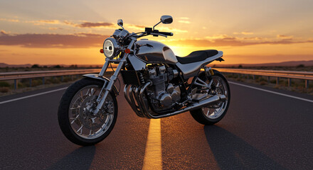 Obraz premium Motorcycle on Road at Sunset Awaits for a Ride