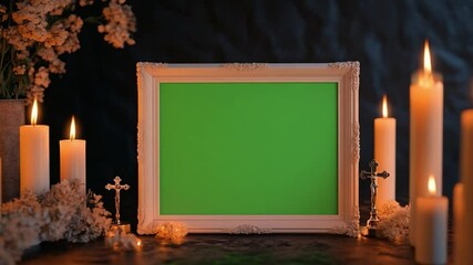 Empty Frame with Burning Candles: An empty picture frame sits against a backdrop of burning candles and crosses, creating a somber and reflective atmosphere.