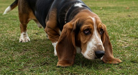 Basset hound on green grass