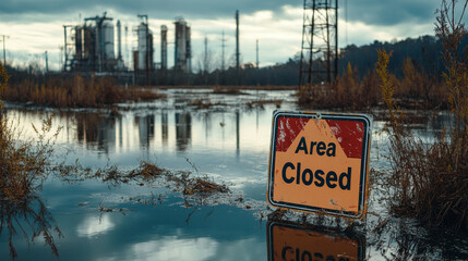 "Area Closed" caution sign placed in a hazardous chemical spill zone as part of cleanup operations