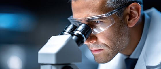 Focused scientist wearing safety glasses studies samples through a microscope in a laboratory setting.