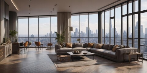 Luxury high-rise apartment, panoramic city vista,  skyline,  elegant,  building