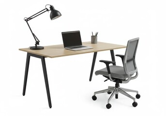 Fototapeta premium Workspace setup featuring desk, chair, lamp, and laptop computer isolated on white background