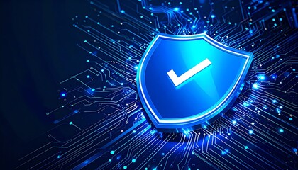 A digital shield icon symbolizes cybersecurity, surrounded by glowing circuit patterns, representing protection and technology