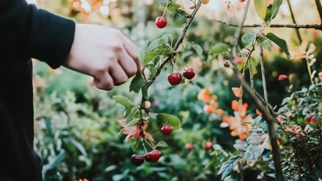 Harvesting of Cherry in Garden: A person carefully picks ripe, vibrant cherries from a lush cherry tree. This close-up captures the essence of the harvest.