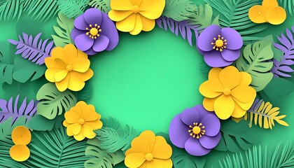 Colorful floral frame with tropical leaves on mint green background.