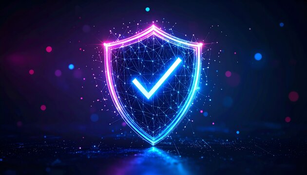 A glowing digital shield with a checkmark, symbolizing security and protection in a futuristic design