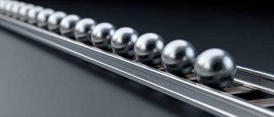 Shiny metallic spheres are lined up in a row on parallel metal rails, creating a sleek, industrial look.