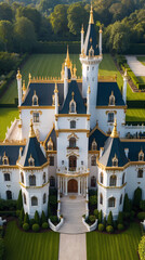 Obraz premium white stone palace villa european style high tower castle photo with elegant architecture medieval scenic mansion background architecture wallpaper background