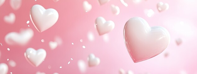 Floating white hearts on a soft pink background