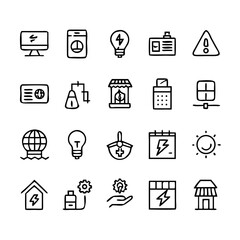 Energy saving and efficiency editable stroke outline icons set isolated on white background flat vector illustration. Alternative energy sources vector linear icons set. Ecology renewable energy .
