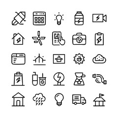 Energy saving and efficiency editable stroke outline icons set isolated on white background flat vector illustration. Alternative energy sources vector linear icons set. Ecology renewable energy .