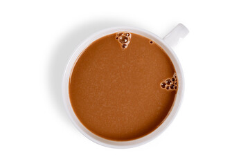 Cup of hot cocoa drink isolated on white background. Top view