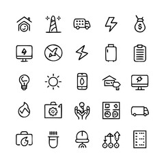Energy saving and efficiency editable stroke outline icons set isolated on white background flat vector illustration. Alternative energy sources vector linear icons set. Ecology renewable energy .