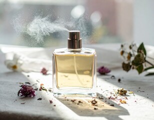 A bottle of perfume resting quietly as its scent fills the air