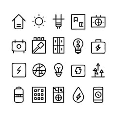 Energy saving and efficiency editable stroke outline icons set isolated on white background flat vector illustration. Alternative energy sources vector linear icons set. Ecology renewable energy .