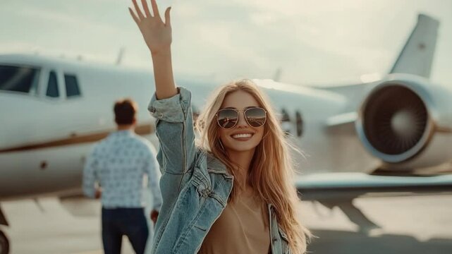 Jetsetter's Farewell: A radiant woman waves goodbye, exuding sophistication and excitement next to a luxurious private jet, embodying the allure of travel and adventure.