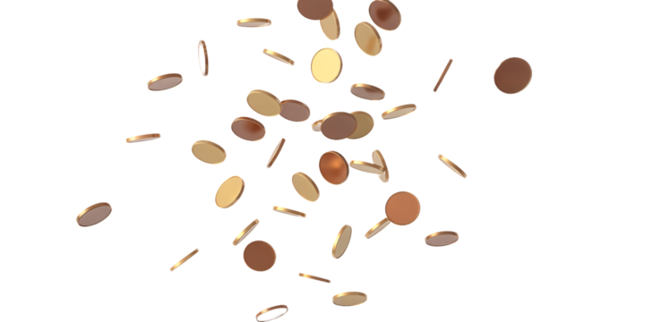 Scattered Copper Coins Falling on White Background