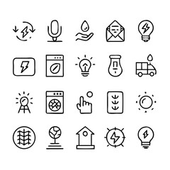 Energy saving and efficiency editable stroke outline icons set isolated on white background flat vector illustration. Alternative energy sources vector linear icons set. Ecology renewable energy .