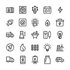 Energy saving and efficiency editable stroke outline icons set isolated on white background flat vector illustration. Alternative energy sources vector linear icons set. Ecology renewable energy .