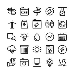 Fototapeta premium Energy saving and efficiency editable stroke outline icons set isolated on white background flat vector illustration. Alternative energy sources vector linear icons set. Ecology renewable energy .