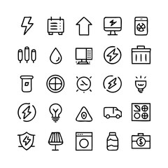 Energy saving and efficiency editable stroke outline icons set isolated on white background flat vector illustration. Alternative energy sources vector linear icons set. Ecology renewable energy .