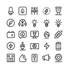 Energy saving and efficiency editable stroke outline icons set isolated on white background flat vector illustration. Alternative energy sources vector linear icons set. Ecology renewable energy .