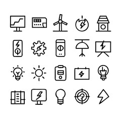 Energy saving and efficiency editable stroke outline icons set isolated on white background flat vector illustration. Alternative energy sources vector linear icons set. Ecology renewable energy .