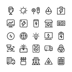 Energy saving and efficiency editable stroke outline icons set isolated on white background flat vector illustration. Alternative energy sources vector linear icons set. Ecology renewable energy .